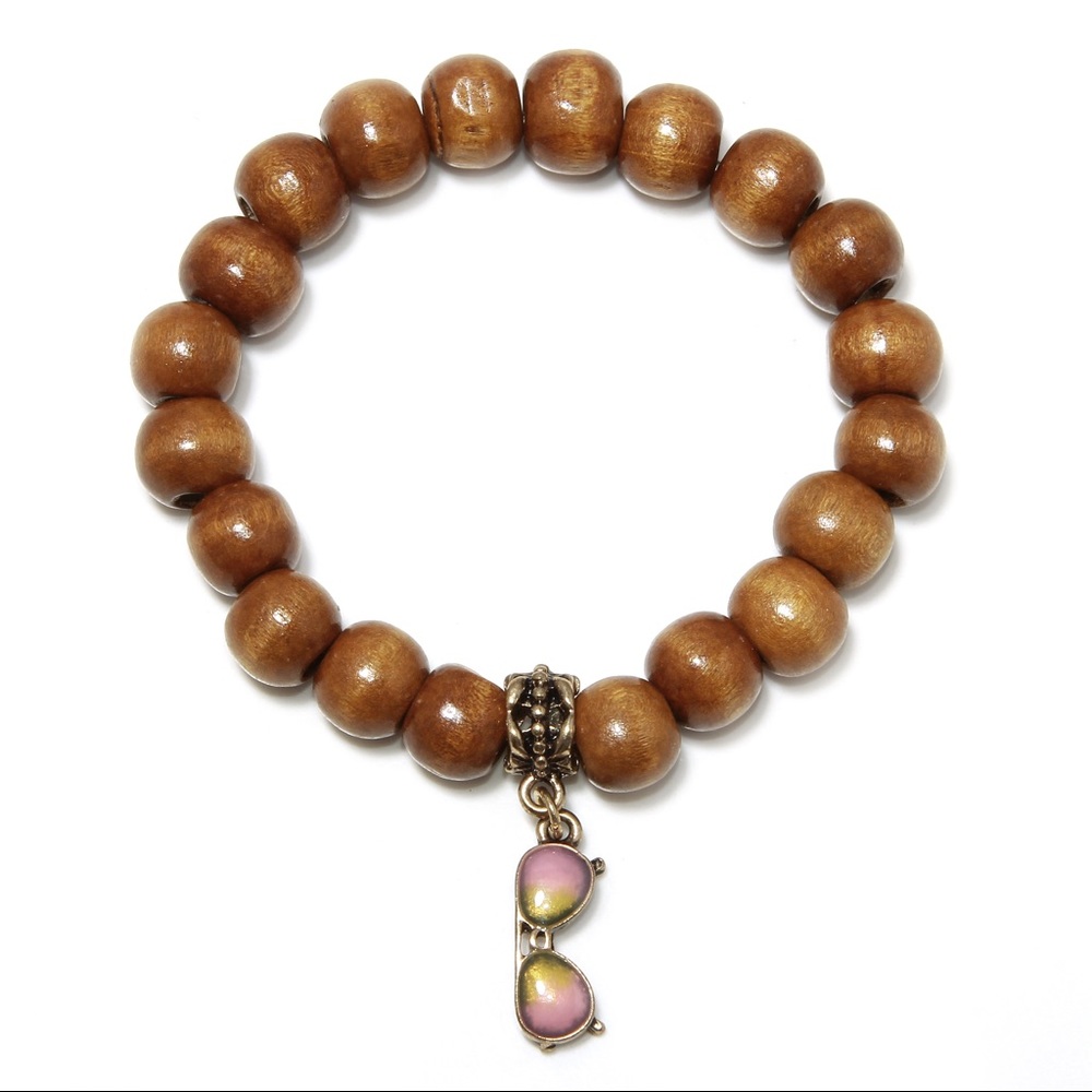 Wood bead bracelet with sunglasses charm